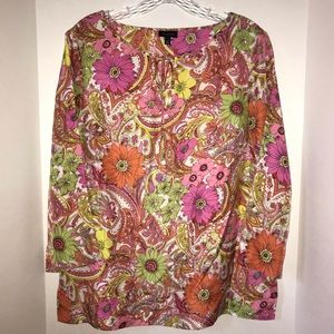 Talbots 100% silk top, colorful floral pattern